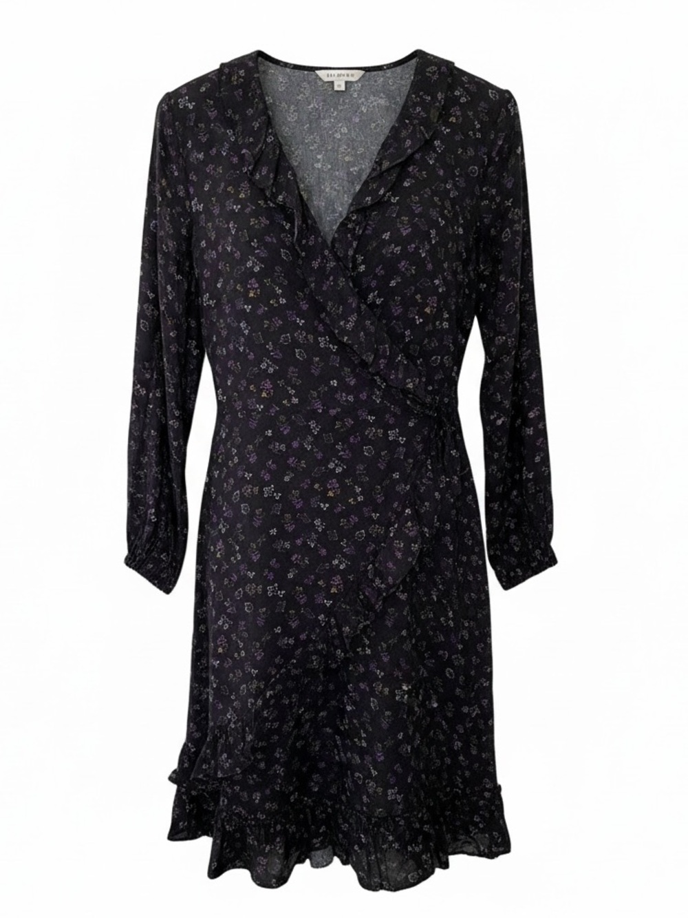 Black Floral Wrap Dress with Purple Flower Detail